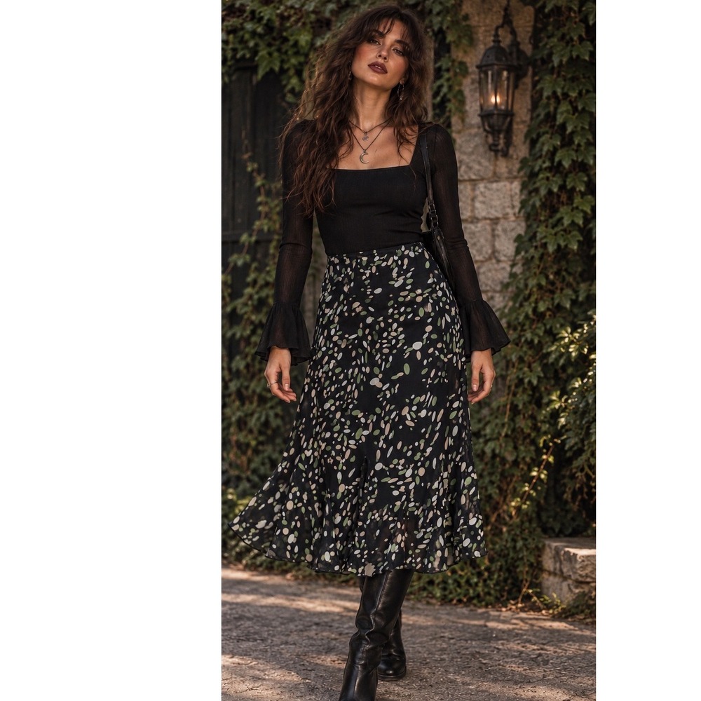 Y2K Chiffon Midi Skirt 12 Abstract Dot Ruffle Whimsigoth Forest Fairy Grunge